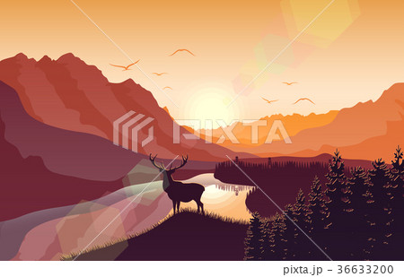 Sunset mountain landscape with deer in a forest 36633200