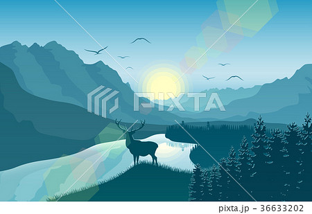 Mountain landscape with deer in a forest 36633202