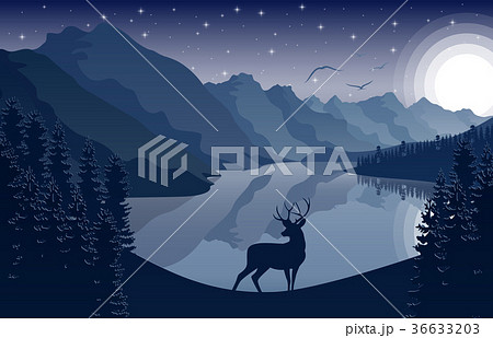 Night Mountains landscape with deer and stars 36633203