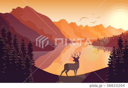 Mountain landscape with deer in a forest and lake 36633204