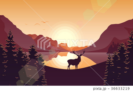 Mountain landscape with deer in a forest and lake 36633219