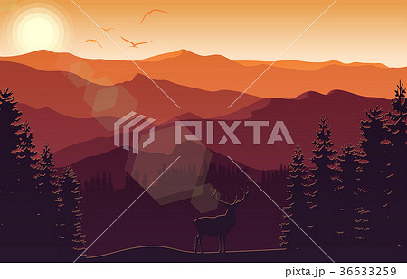 Mountain landscape with deer and forest at sunset Mountain landscape with deer and forest at sunset 36633259