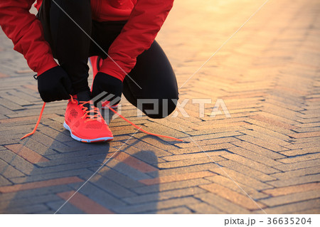Young woman runner tying shoelace in the sunrise Young woman runner tying shoelace in the sunrise 36635204