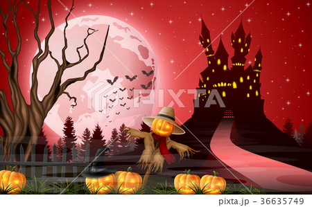 Scary castle with scarecrow and pumpkins Scary castle with scarecrow and pumpkins 36635749