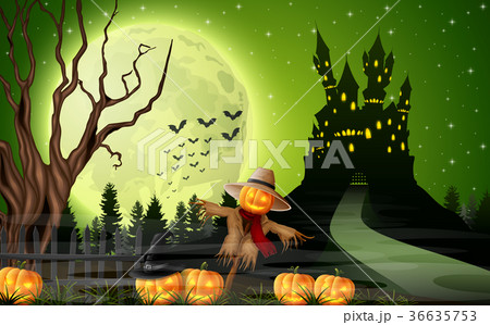 Scary castle with scarecrow and pumpkins Scary castle with scarecrow and pumpkins 36635753