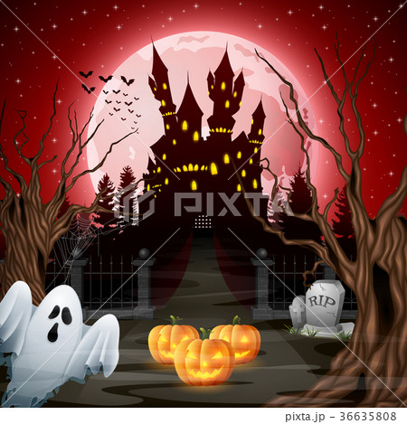 Scary castle with ghost and pumpkins in the woods 36635808