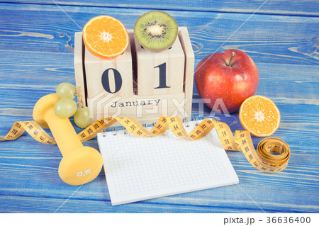 Date of 1 January, fruits, dumbbells, tape measure Date of 1 January, fruits, dumbbells, tape measure 36636400