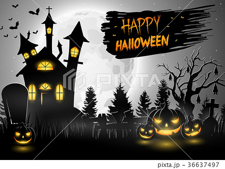 Scary church with pumpkins on the full moon 36637497