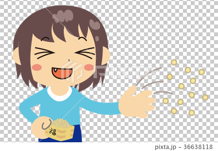 笑顔で豆をまく青い服の男の子 36638118