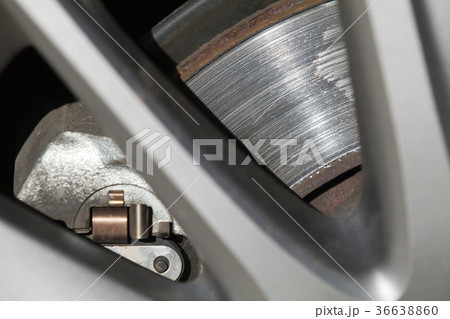Car wheel fragment with brake disc, closeup 36638860