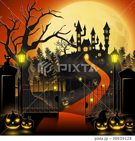 Creepy graveyard with castle and pumpkins 36639128