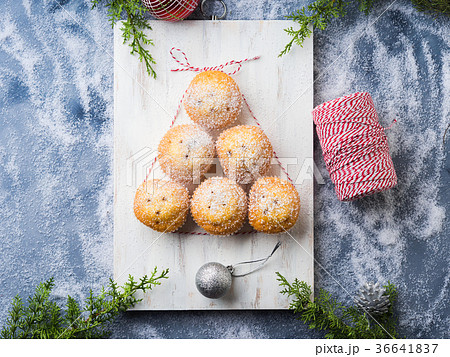 Christmas muffin tree, icing sugar. Holiday baking Christmas muffin tree, icing sugar. Holiday baking 36641837