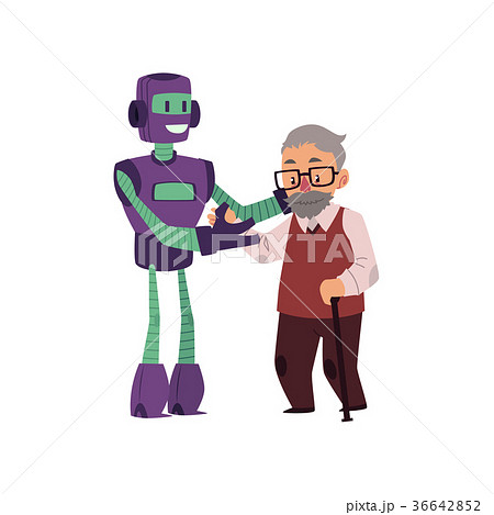 Robot helping old, senior man with cane to walk 36642852