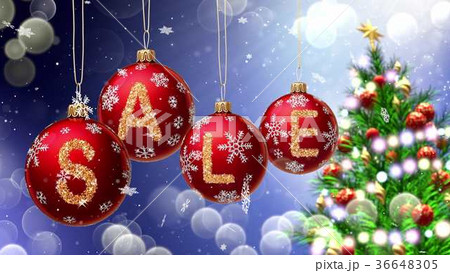Sale banner on red Christmas balls with round snow Sale banner on red Christmas balls with round snow 36648305