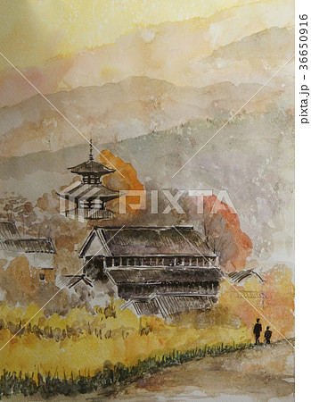 当麻寺の手書きスケッチ 奈良の紅葉のイラスト素材