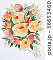 水彩花束オレンジ色バラ手描き薔薇グリーン色葉っぱリーフ 36653460