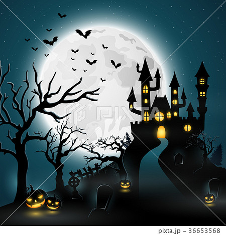 Halloween background with castle and scary pumpkin 36653568