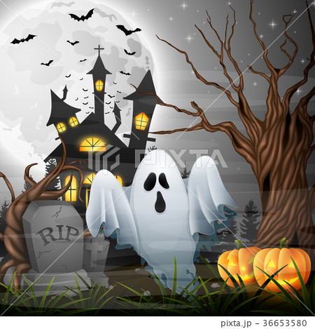 Scary church background with ghost and pumpkins Scary church background with ghost and pumpkins 36653580