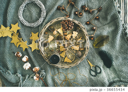 Flat-lay of Christmas toys, garlands, lights Flat-lay of Christmas toys, garlands, lights 36655434