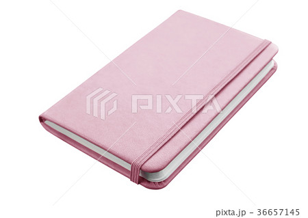 Pink leather notebook with elastic band closure. 36657145