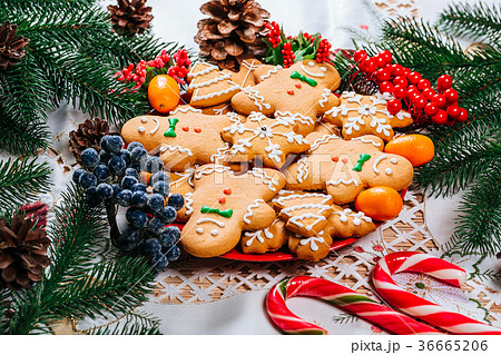 Christmas gingerbread cookies homemade on red  36665206