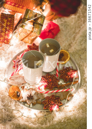 Hot chocolate drink with biscuits under the 36671542