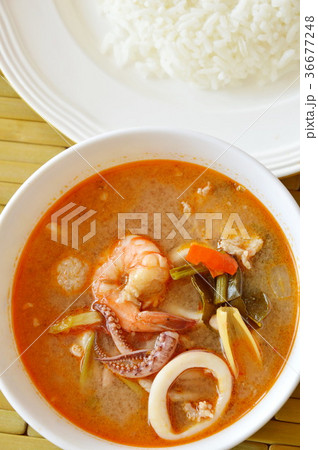 boiled seafood and pork tom yum Thai spicy soup boiled seafood and pork tom yum Thai spicy soup 36677248