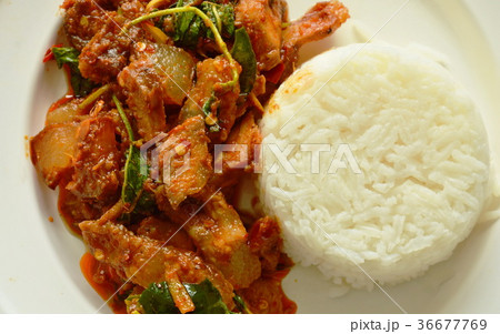 spicy stir fried grilled pork curry with herb  36677769