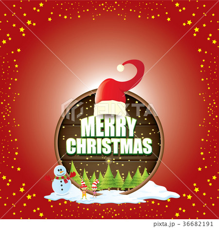 vector Christmas label with red santa hat, tree 36682191