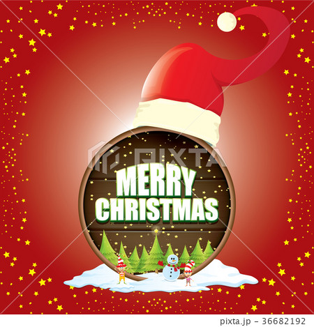 vector Christmas label with red santa hat, tree 36682192