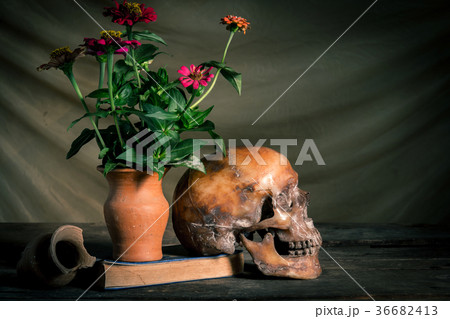 Human skull and flower vase old on wooden  36682413