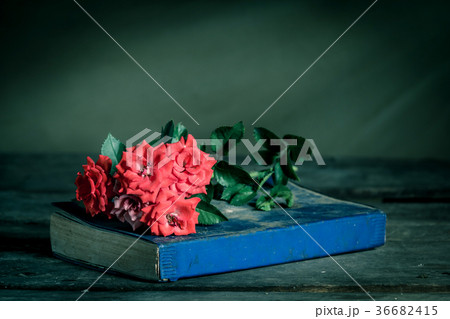 Red roses in blue book vintage style on wooden  36682415