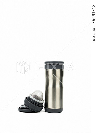 Silver thermos bottle with opened cap isolated  36691318