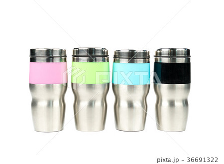 Pink, green, blue and black thermos bottles  36691322