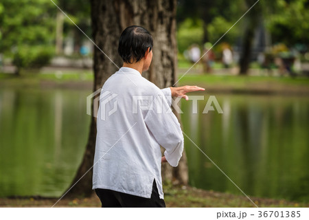Man exercising by Tai Chi in a outdoor park 36701385