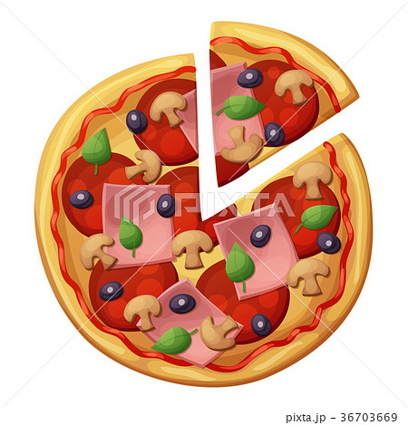 Pizza with sausages, ham, muchrooms. Top view 36703669
