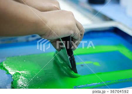 Hand pressing silk-screen printing, close up view. Hand pressing silk-screen printing, close up view. 36704592