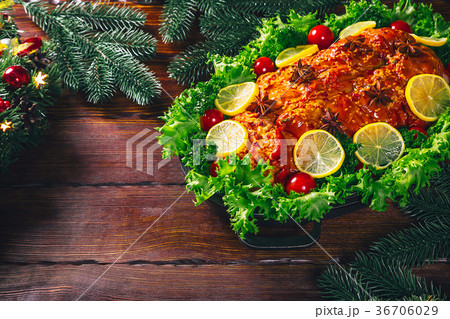 Thanksgiving table served with  baked meats, 36706029