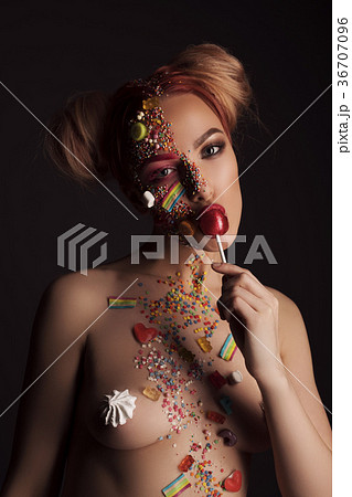 Nude blolnde with cute hairstyle and lollipop shot 36707096