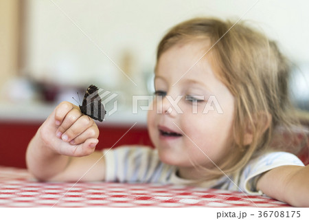 Little girl holds on hand the Aglais io butterfly  36708175
