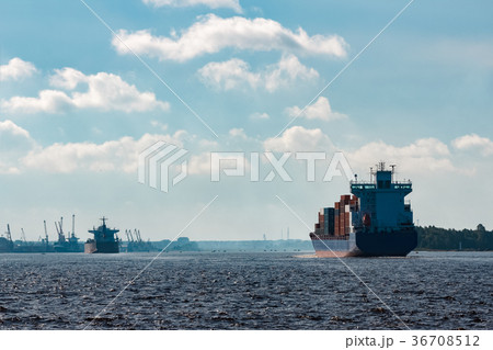 Blue container ship underway 36708512