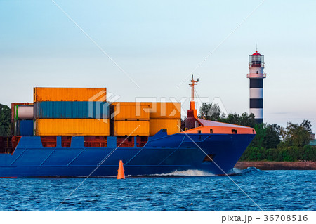 Blue container ship underway 36708516