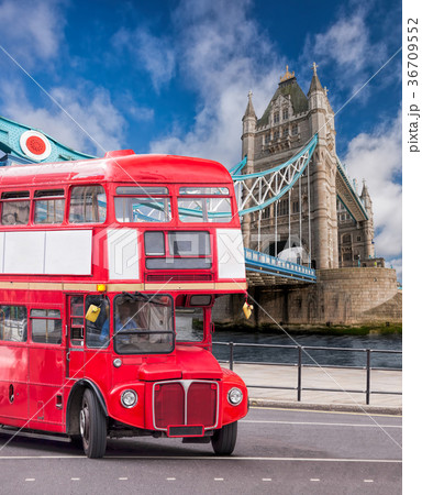 Tower Bridge with red bus in London, England, UK 36709552
