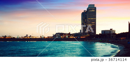 Panoramic view of Barceloneta beach in night Panoramic view of Barceloneta beach in night 36714114