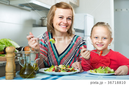 Woman and little girl eating at kitchen. 36718810