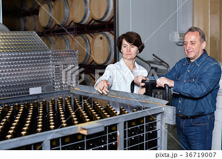 Expert and wine maker inspect containers with bottles 36719007