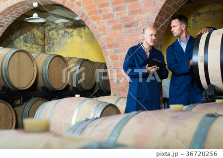 two thoughtful men in uniforms taking notes in cellar with wine woods 36720256