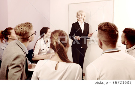 Female speaker giving presentation for students in lecture hall Female speaker giving presentation for students in lecture hall 36721635