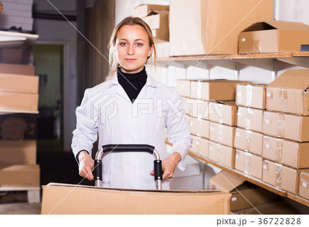Female worker transporting cart cardboard cases 36722828