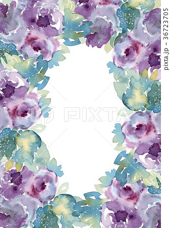水彩花で可愛らしい紫色薔薇のフレーム手描きフラワーポスターのイラスト素材